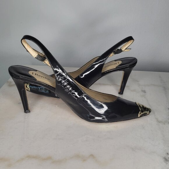 J. Renee Black Patent Slingback Heels with Gold Toe Cap – Size 12 - Picture 6 of 11